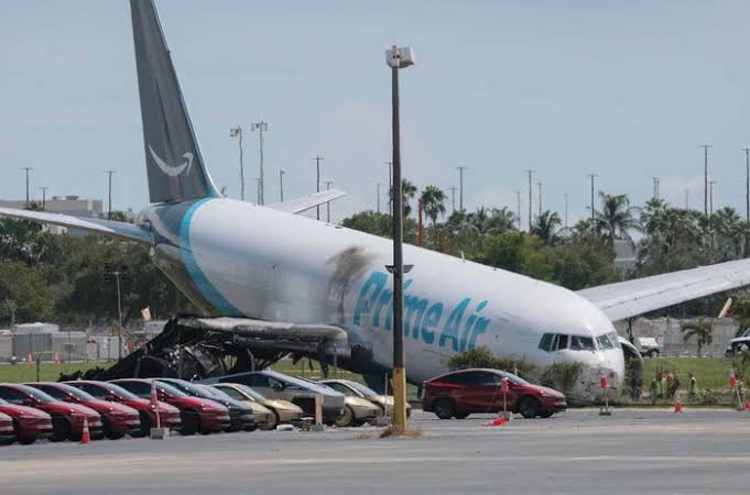 Wreckage of Amazon cargo plane after runway overrun at Miami International Airport