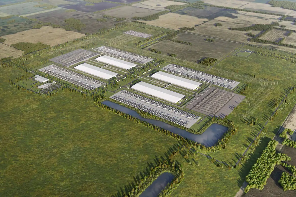 Futuristic AI data center campus in Alberta with server racks and energy infrastructure