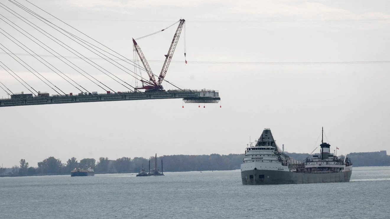 Construction progress on the Gordie Howe International Bridge between Windsor, Ontario and Detroit, Michigan